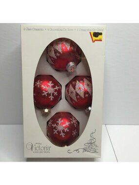The Victoria Collection Set 4 Red Silver Glass Christmas Ornaments Snowflakes